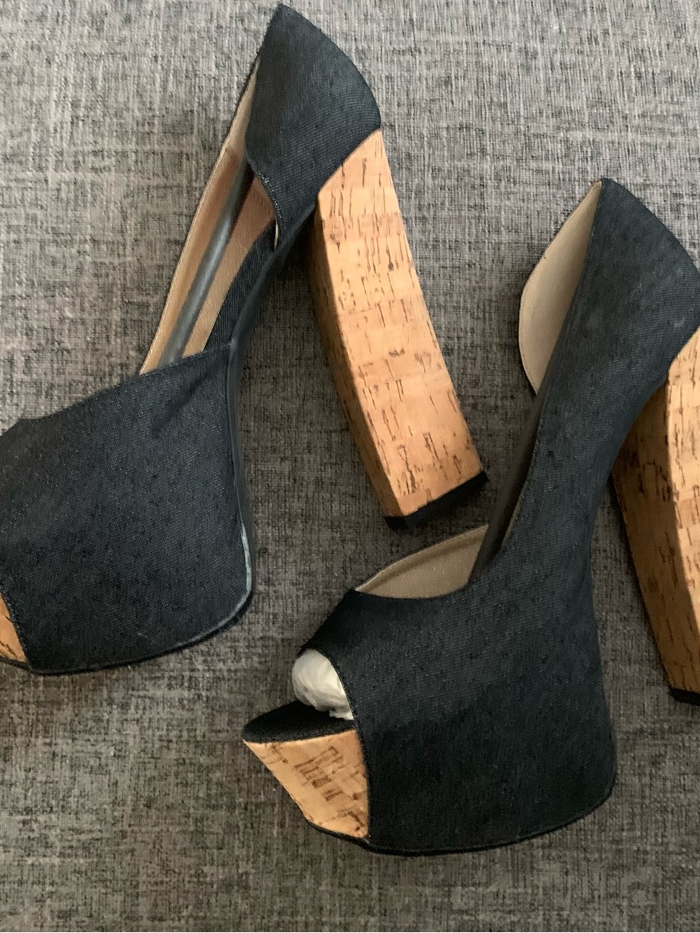 FRH Black Peep-Toe Platform Pumps with Cork Block Heels